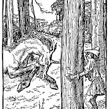 Charging a man hiding behind a tree, a unicorn drives its horn into the wood