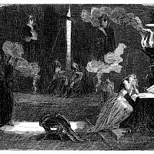 A scared woman is sitting in a dark room with menacing figures wearing hooded cloaks and masks