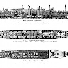 Longitudinal section and plans of the upper deck and holds of the ocean liner La Champagne