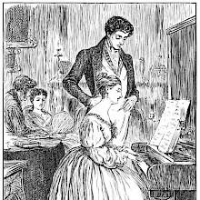A man stands beside a woman ready, to turn the leaves of her music as she plays the piano