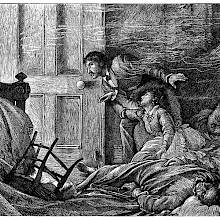 A man moves toward the door of a bedroom as a woman tries to cling to him