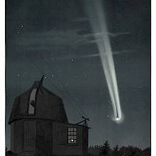 View of the great comet of 1881 as it travels through the night sky past an observatory