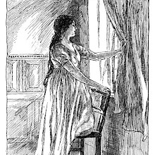 A young woman in a nightdress leans on a chair to look out of the window