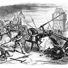 A knight carrying a lance is surrounded by enemies and unseated by two men with halberds