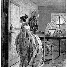 A woman is about to shut the door of a garret as a man can be seen looking in from the other side