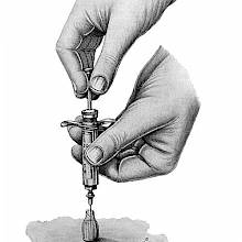 The hands of an invisible practitioner are seen filling a syringe from a vial