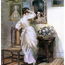 A young woman stands in front of a mirror and pins in her hair a flower picked from a bunch nearby