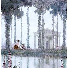 A couple seems engaged in idle talk on a riverbank with a temple in the background