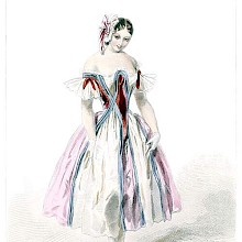 Fashion plate showing a young woman wearing a low-cut dress with blue stripes