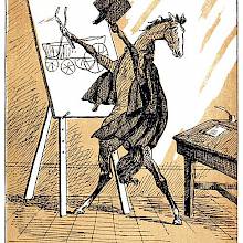 A horse in academic dress stands at an easel, drawing a cart