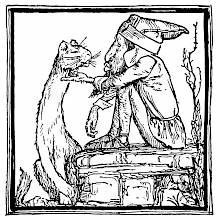 A gnome sitting on a flat stone scratches a cat with a remarkably long neck under the chin