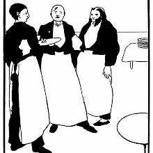 Three waiters in their working attire stand side by side, one of them wearing bushy side whiskers