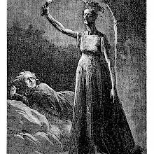 A woman with a wild stare holds a torch above her head as a man lies behind her