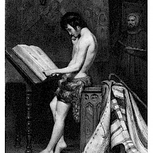 A youth in a loincloth reads a manuscript placed on a lectern ac a painter works in the background