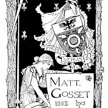 Bookplate showing a woman holding a sign and, behind her, a coat of arms