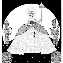 A woman in elaborate dress assisted by two page boys holds a parasol as the moon shines behind her