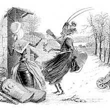 An anthropomorphic grasshopper stands in a winter landscape carrying a guitar and talking to ant