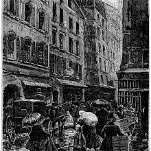 A busy street in the rain, with people carrying packages and sheltering themselves under umbrellas
