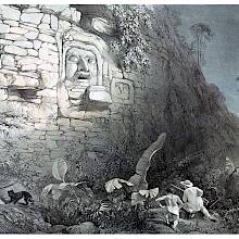 A hunter is out stalking a big cat near a wall with a Pre-Columbian sculpture of a colossal head