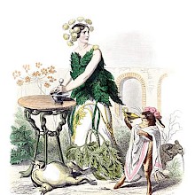 Hemlock is depicted as a woman using a pestle and mortar as a frog lies dead at her feet