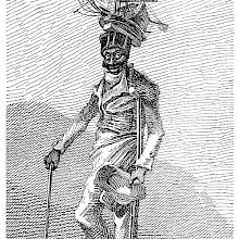 A black man walking with a crutch and a cane wears the scale model of a ship on his hat