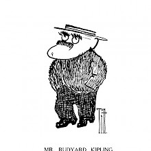 Full-length caricature portrait of Rudyard Kipling seen from a three-quarter angle