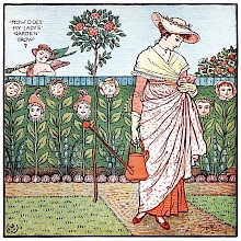 A woman stand holding a watering can in a garden whose flowerbeds show people's heads on stalks