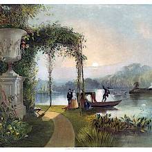 Sunset view of the lake at Trentham Hall, with a boat drawing alongside the bank