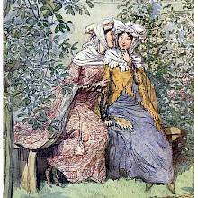Two women in Elizabethan outfit are sitting on a bench outdoors, devising a likely cunning plan
