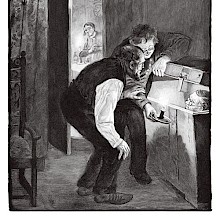 Two men lean over a chest and peek at the man hidden inside as a woman watches from another room