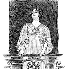 A woman with a faint, enigmatic smile is seen from below standing on her balcony