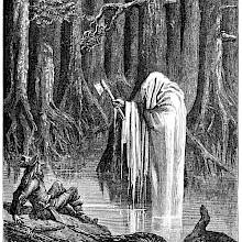 A ghost-like figure rises from the swamp holding an ax in front of a bewildered woodman