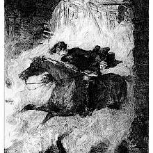 A man on horseback shoots through the arched gateway of a burning castle