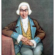 Full face portrait of Baron Munchausen sitting on a chair with one elbow resting on a table