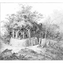 A man leans on a fence which surrounds a clump of trees standing in front of a small cottage