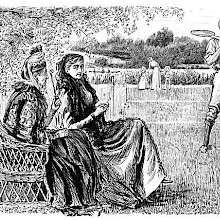 Two women are sitting to the side of lawn tennis court, chatting while looking at a young couple