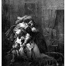 A distraught woman in clasps her arms around the neck of a man holding back a dead body