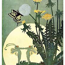 Two insect-like fairies dance holding hands in the moonlight on the leave of blooming dandelion