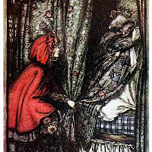 Little Red Riding Hood pulls the curtain of the bed in which the wolf is lying