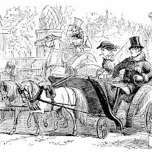 A couple riding in a phaeton is taken over at a gate by a man on horseback