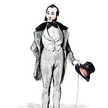 A man with sideburns and dressed up to the nines holds a top hat in his hand