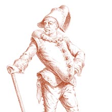 Polichinelle seen wearing a cocked hat and leaning on a stick