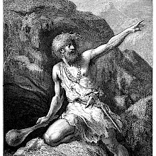 A disheveled man with a club in one hand is half-kneeling on a rock and stretching his arm out