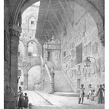 View of the archway, inner courtyard and stairs of what is now known as the Bargello Museum