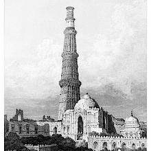 A five-storey minaret rises behind the façade of a run-down mosque, with two men in the foreground