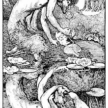 A faun looks at his reflection in the water, which shows him kissing a woman