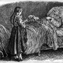 An elderly and sickly man lying in bed gives a coin to a little girl with a crutch