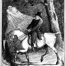 A man riding on horseback at night in the woods is having a vision of a ghost coming for him