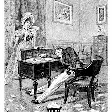 A woman walks into a room to discover a man unconscious at his desk with a brazier at his side