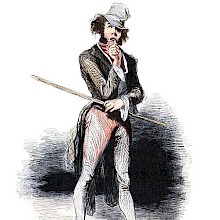 A man wearing a hat stands with a stick in one hand, looking indecisive